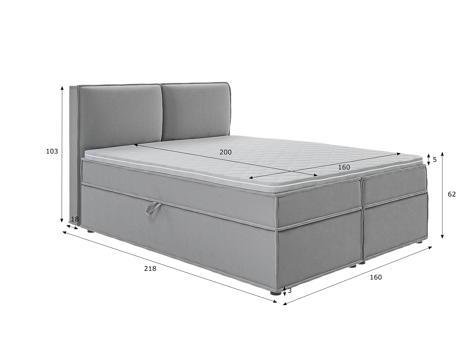 Dexter - Modernes Boxspringbett 160x200 mit Topper und Bettkästen aus Grau Luxusmicrofaser