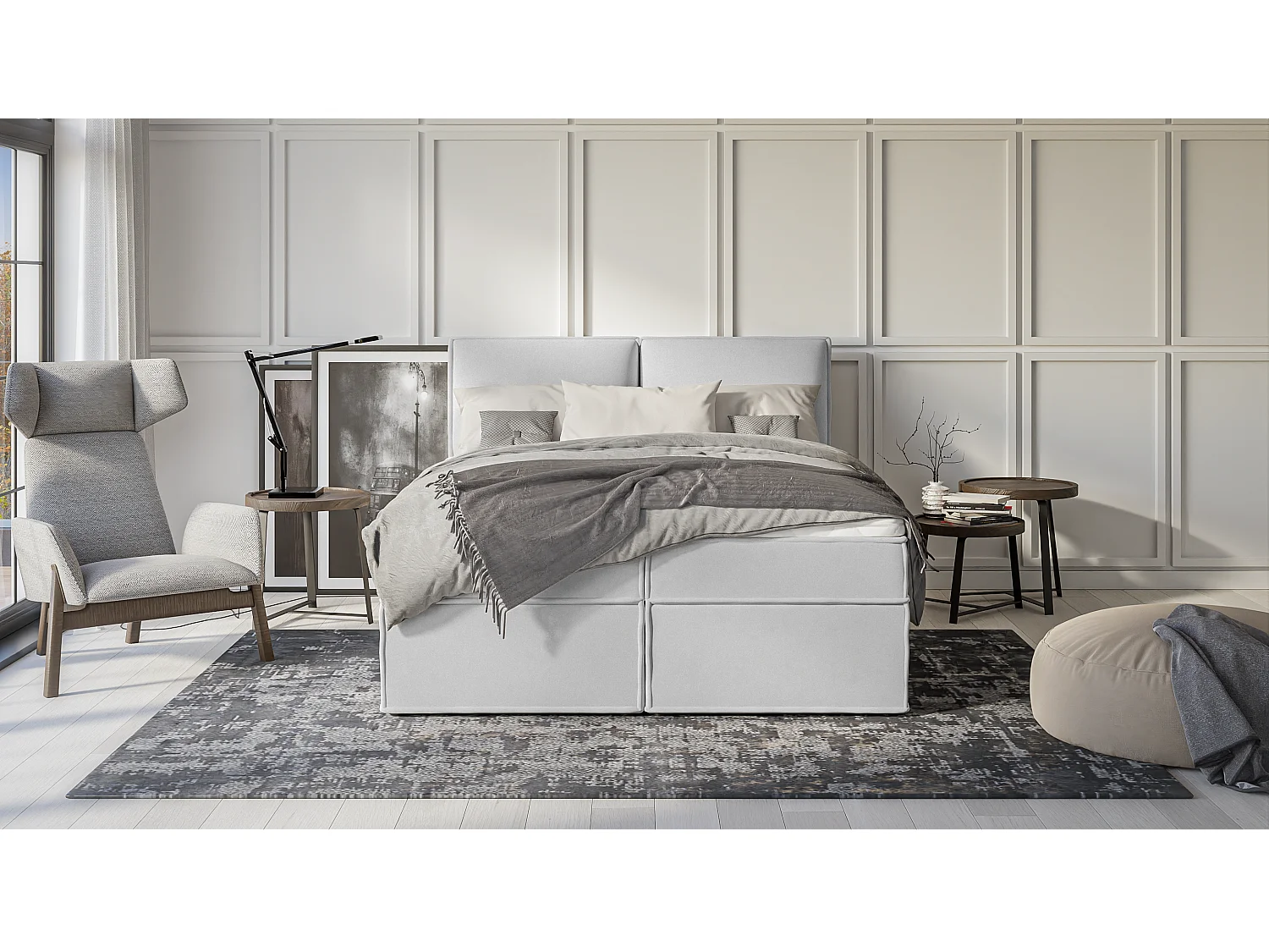 Dexter - Modernes Boxspringbett 160x200 mit Topper und Bettkästen aus Silber Luxusmicrofaser