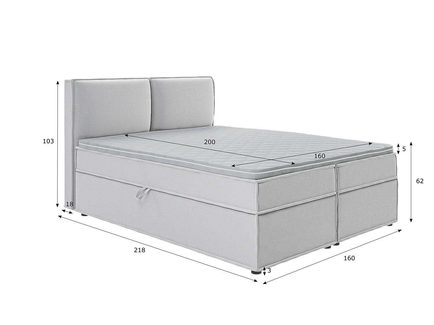 Dexter - Modernes Boxspringbett 160x200 mit Topper und Bettkästen aus Silber Luxusmicrofaser