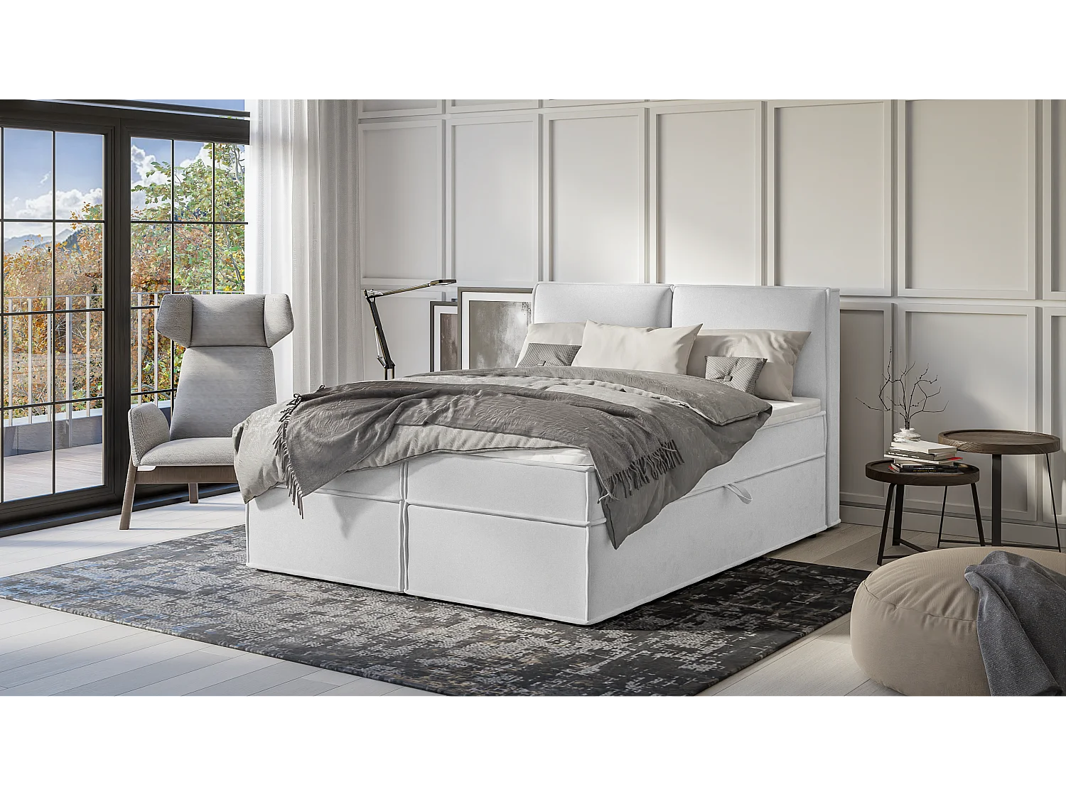 Dexter - Modernes Boxspringbett 160x200 mit Topper und Bettkästen aus Silber Luxusmicrofaser