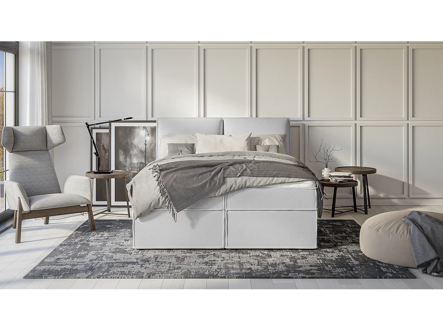 Dexter - Modernes Boxspringbett 160x200 mit Topper und Bettkästen aus Silber Luxusmicrofaser