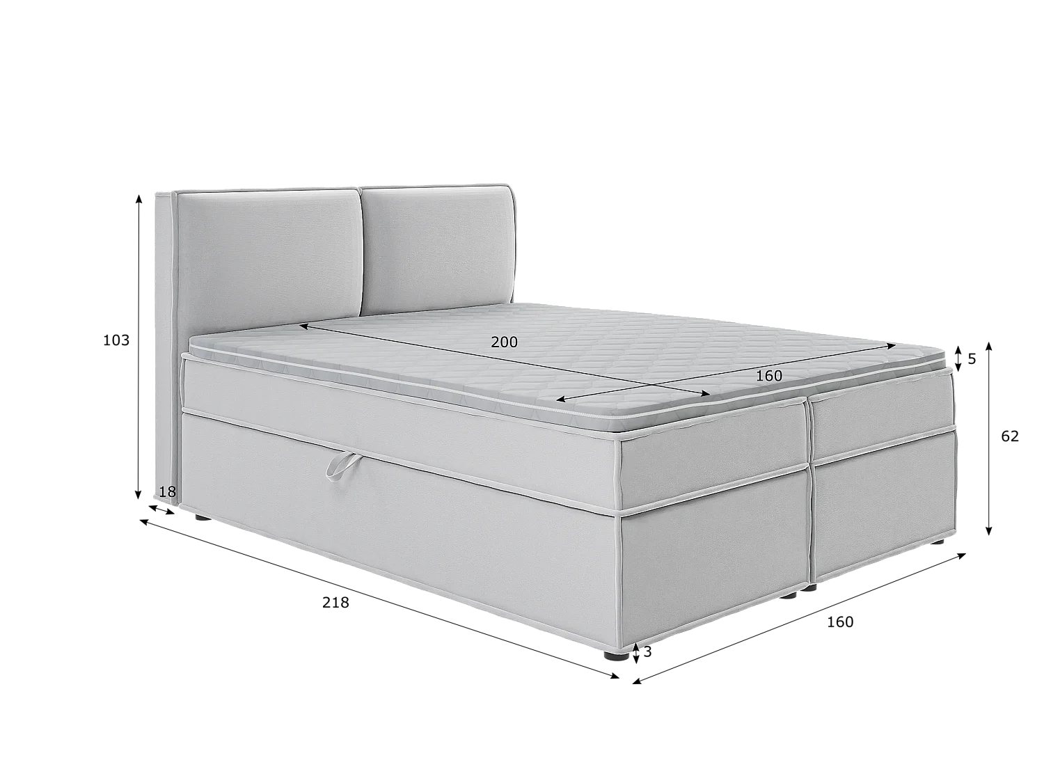 Dexter - Modernes Boxspringbett 160x200 mit Topper und Bettkästen aus Silber Luxusmicrofaser