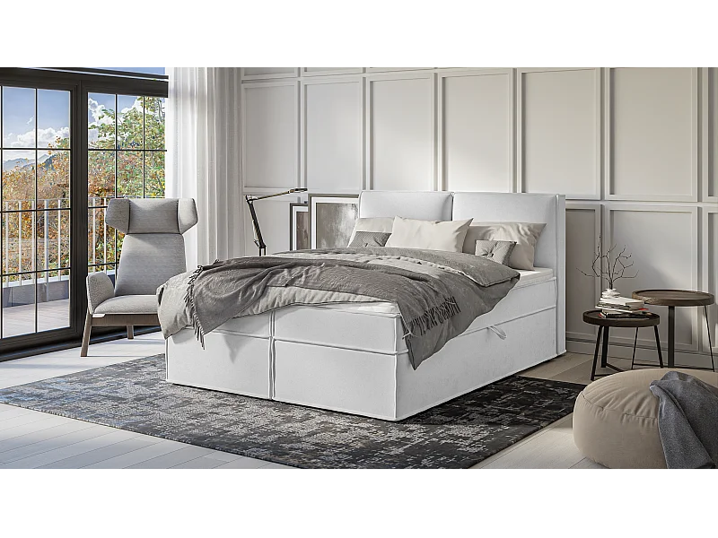 Dexter - Modernes Boxspringbett 160x200 mit Topper und Bettkästen aus Silber Luxusmicrofaser