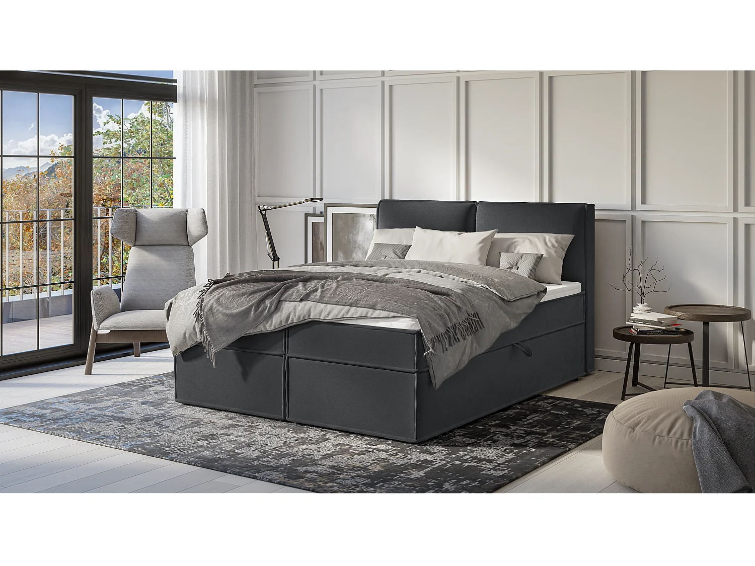 Dexter - Modernes Boxspringbett 160x200 mit Topper und Bettkästen aus Graphit Luxusmicrofaser