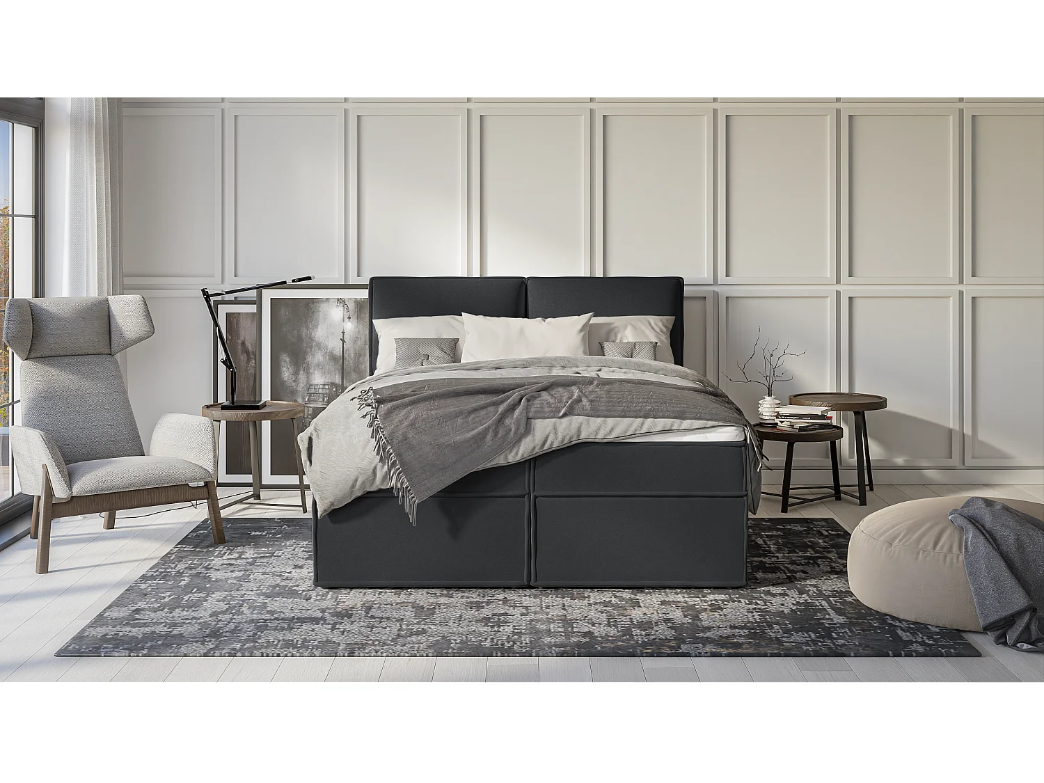 Dexter - Modernes Boxspringbett 160x200 mit Topper und Bettkästen aus Graphit Luxusmicrofaser