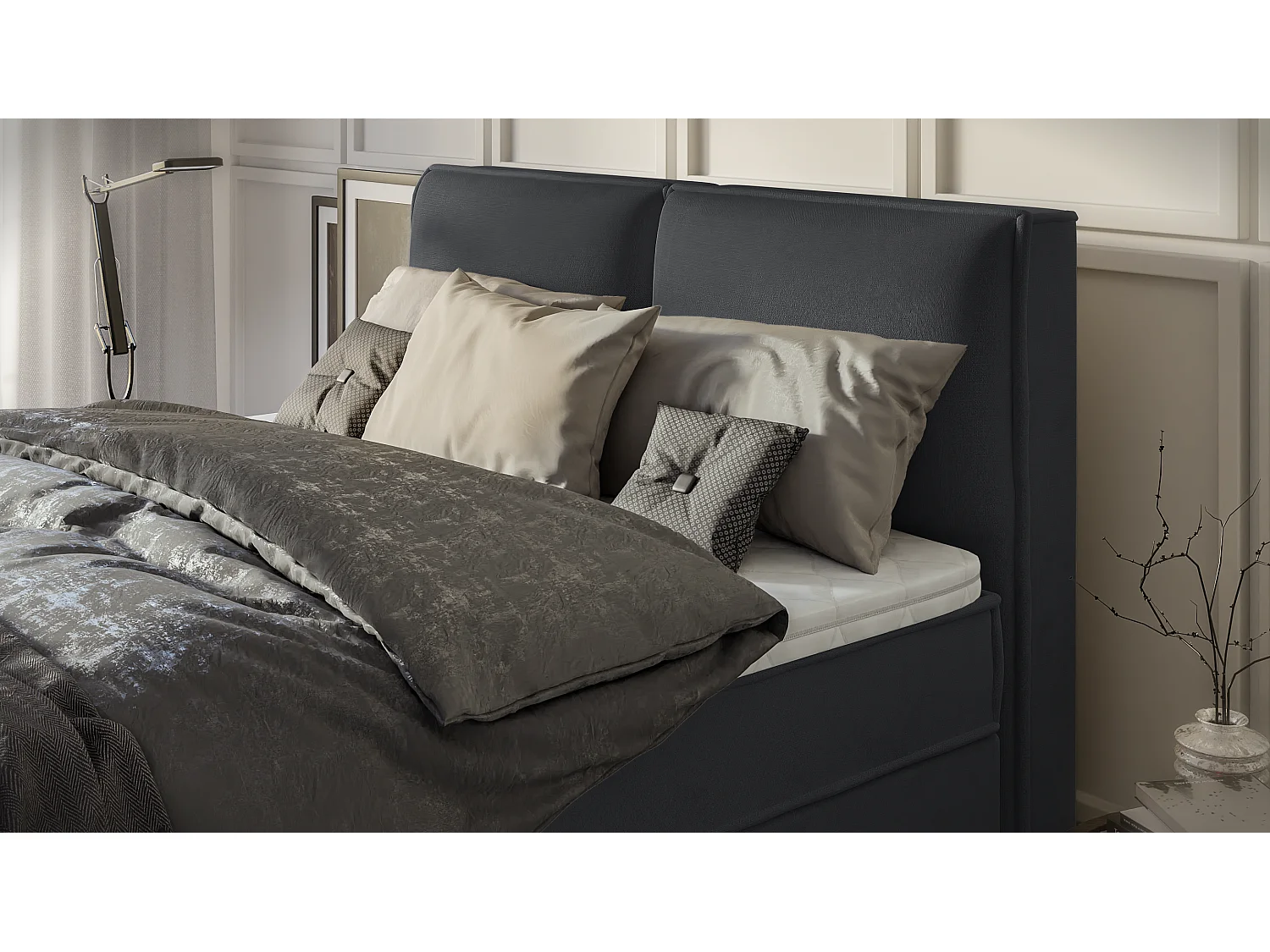 Dexter - Modernes Boxspringbett 160x200 mit Topper und Bettkästen aus Graphit Luxusmicrofaser