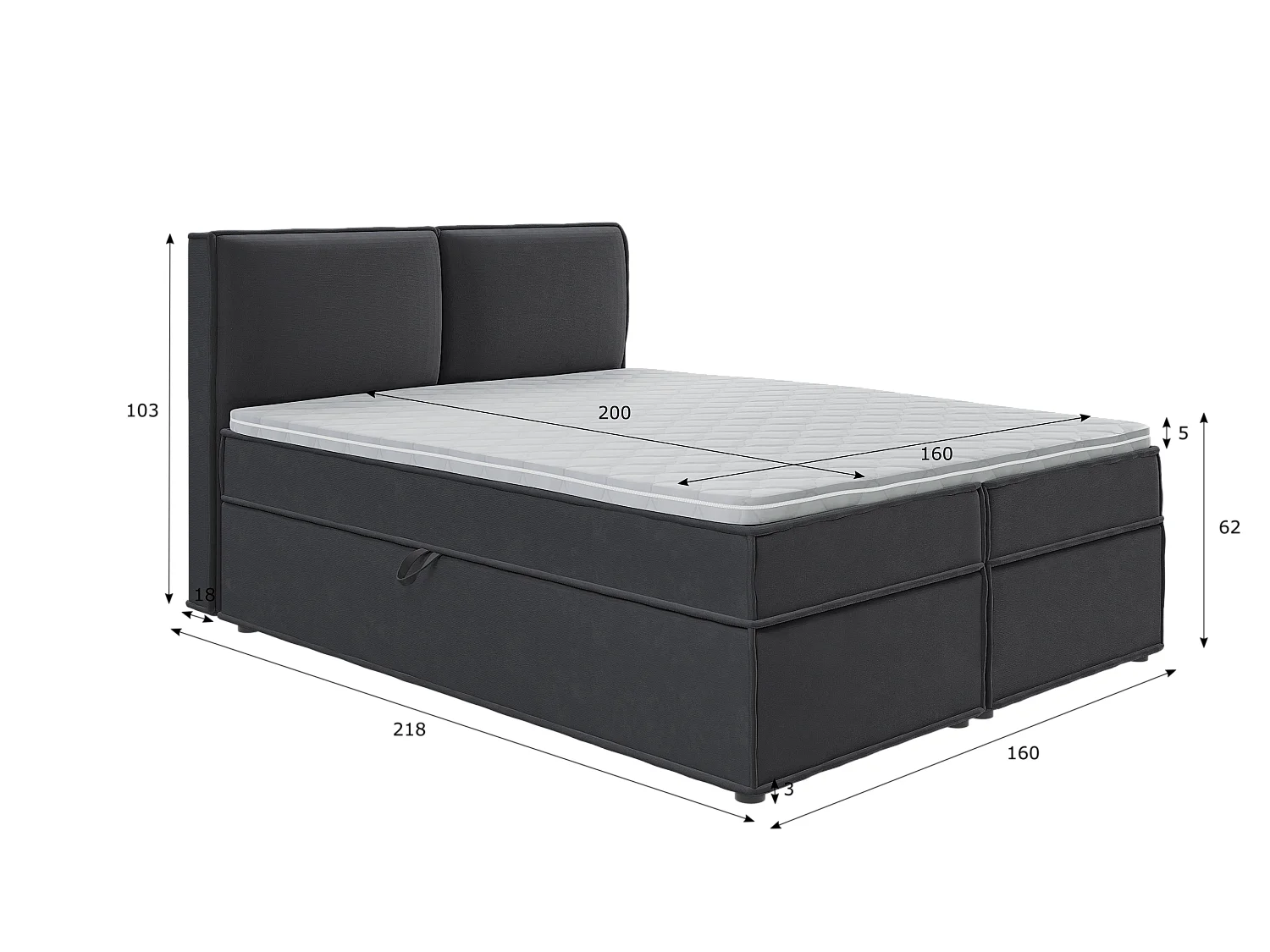 Dexter - Modernes Boxspringbett 160x200 mit Topper und Bettkästen aus Graphit Luxusmicrofaser