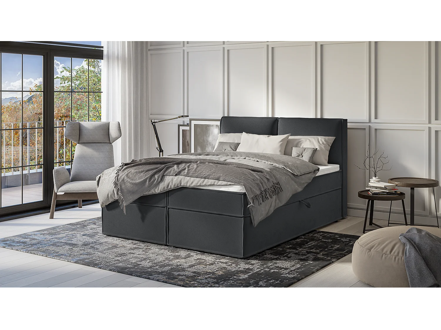 Dexter - Modernes Boxspringbett 160x200 mit Topper und Bettkästen aus Graphit Luxusmicrofaser