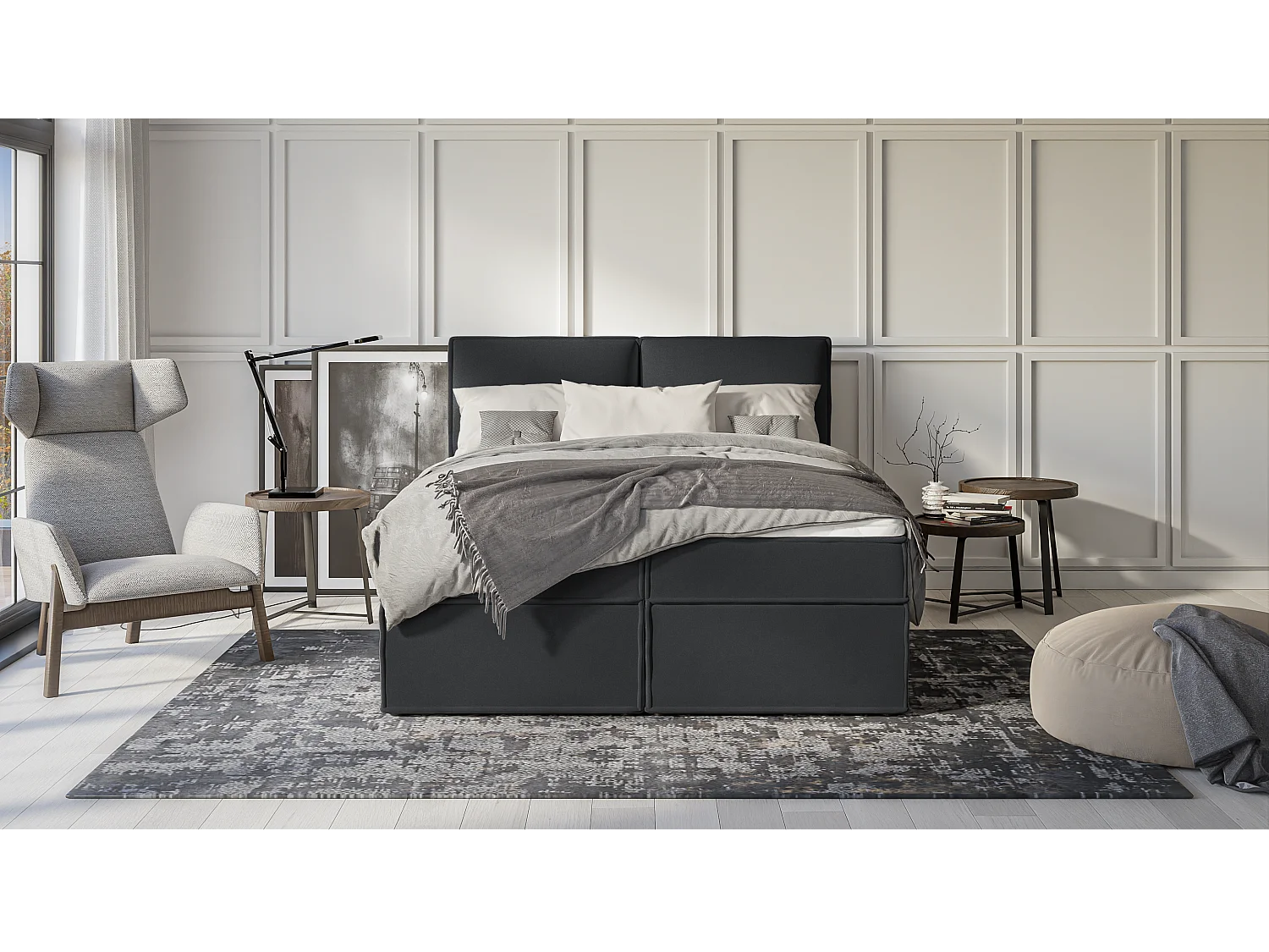 Dexter - Modernes Boxspringbett 160x200 mit Topper und Bettkästen aus Graphit Luxusmicrofaser