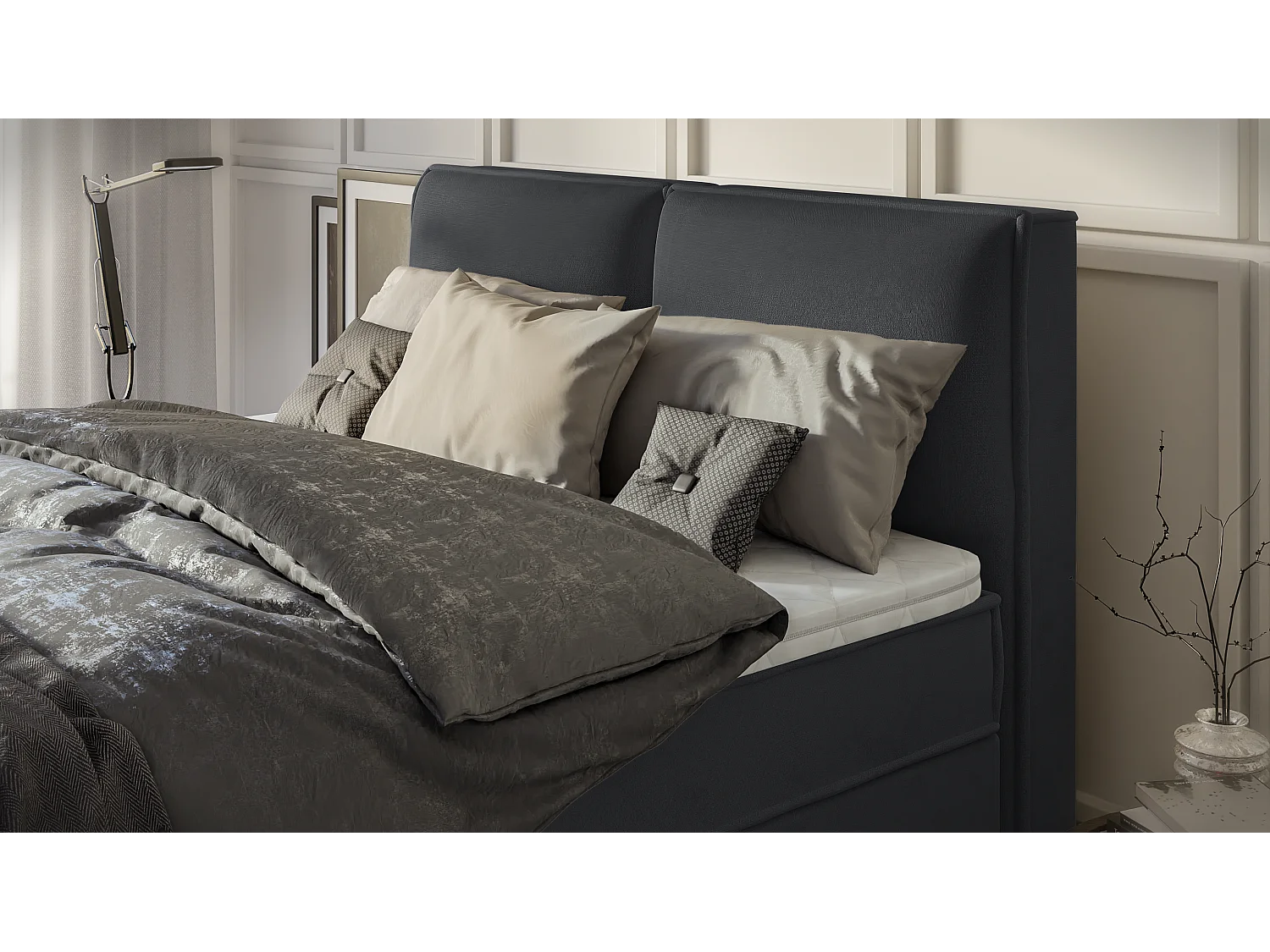 Dexter - Modernes Boxspringbett 160x200 mit Topper und Bettkästen aus Graphit Luxusmicrofaser