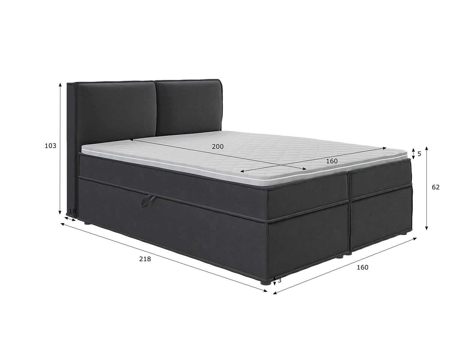 Dexter - Modernes Boxspringbett 160x200 mit Topper und Bettkästen aus Graphit Luxusmicrofaser