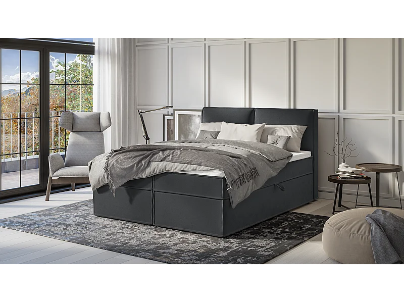 Dexter - Modernes Boxspringbett 160x200 mit Topper und Bettkästen aus Graphit Luxusmicrofaser