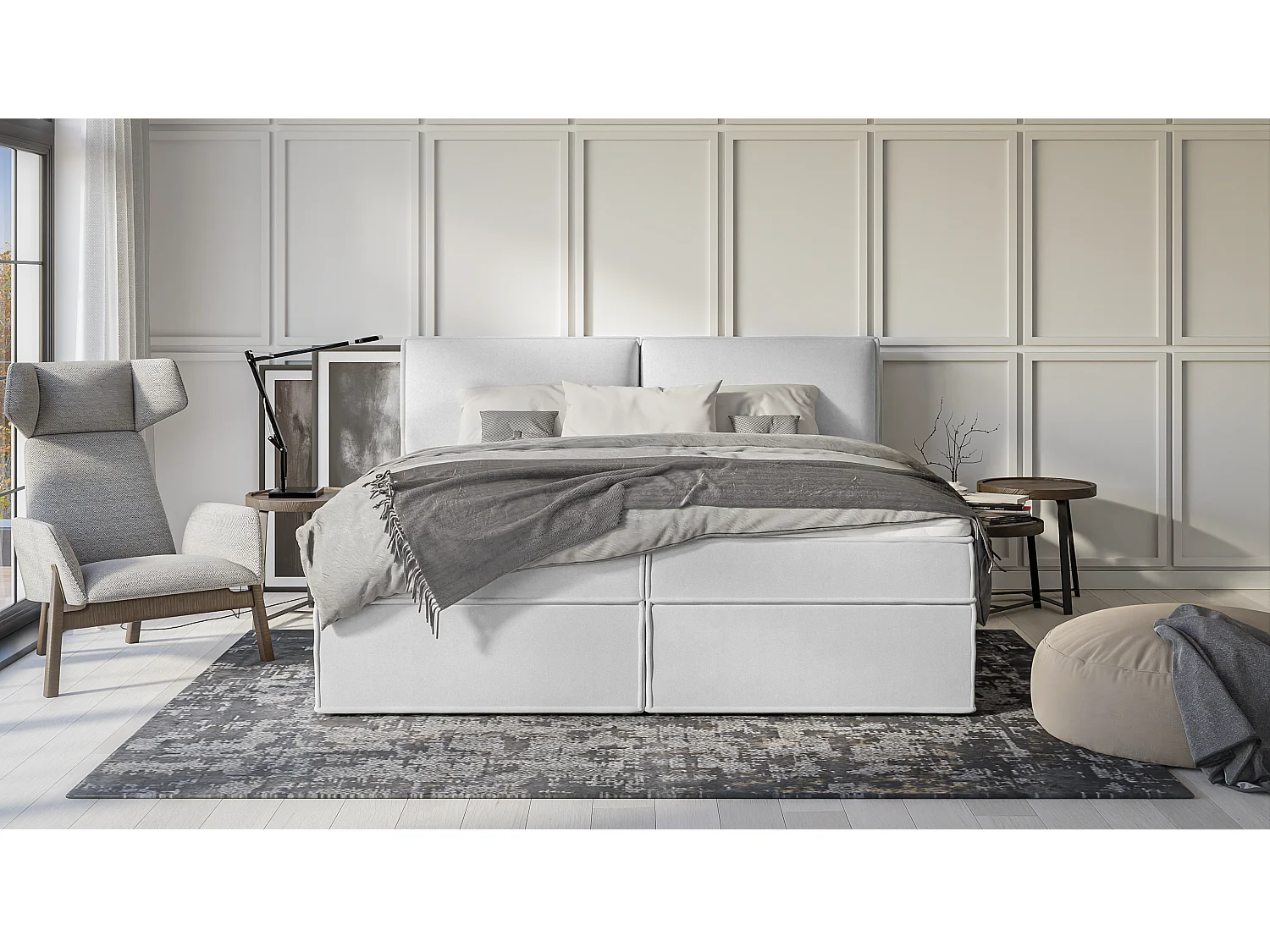 Dexter - Modernes Boxspringbett 200x200 mit Topper und Bettkästen aus Silber Luxusmicrofaser