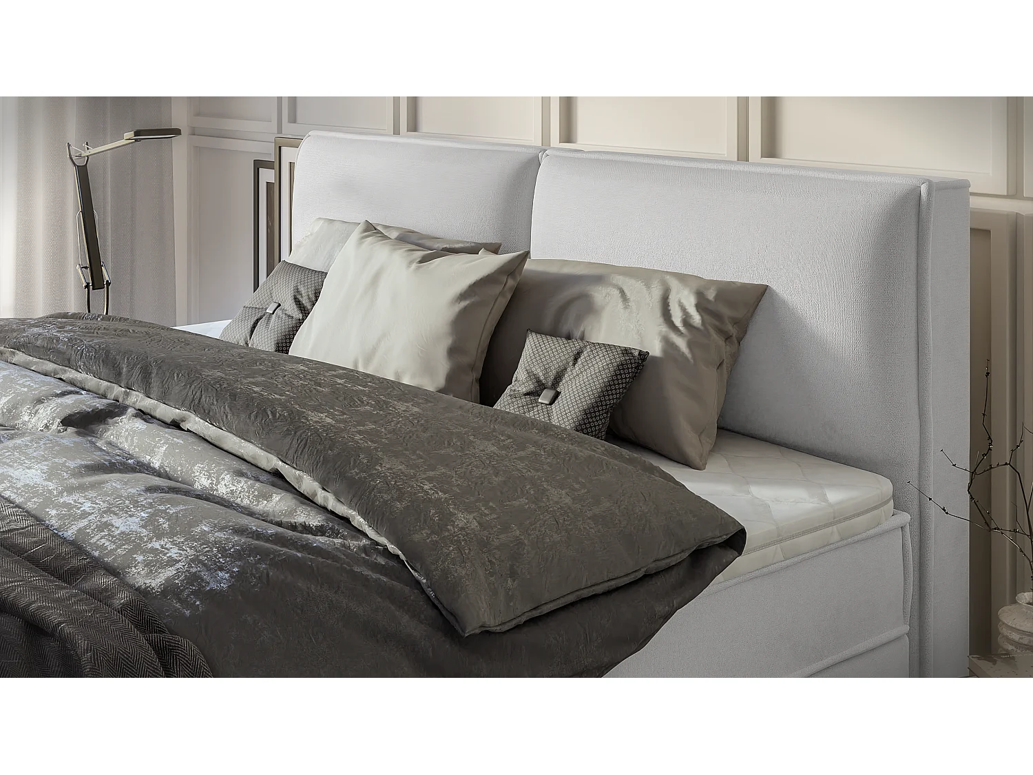 Dexter - Modernes Boxspringbett 200x200 mit Topper und Bettkästen aus Silber Luxusmicrofaser