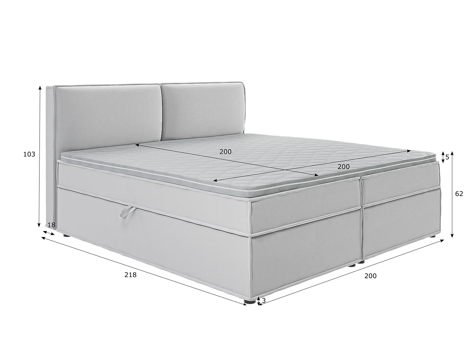 Dexter - Modernes Boxspringbett 200x200 mit Topper und Bettkästen aus Silber Luxusmicrofaser