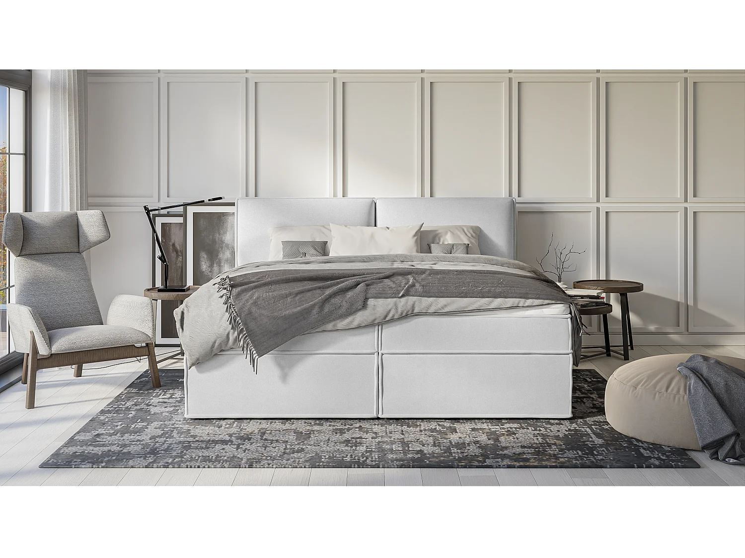 Dexter - Modernes Boxspringbett 200x200 mit Topper und Bettkästen aus Silber Luxusmicrofaser