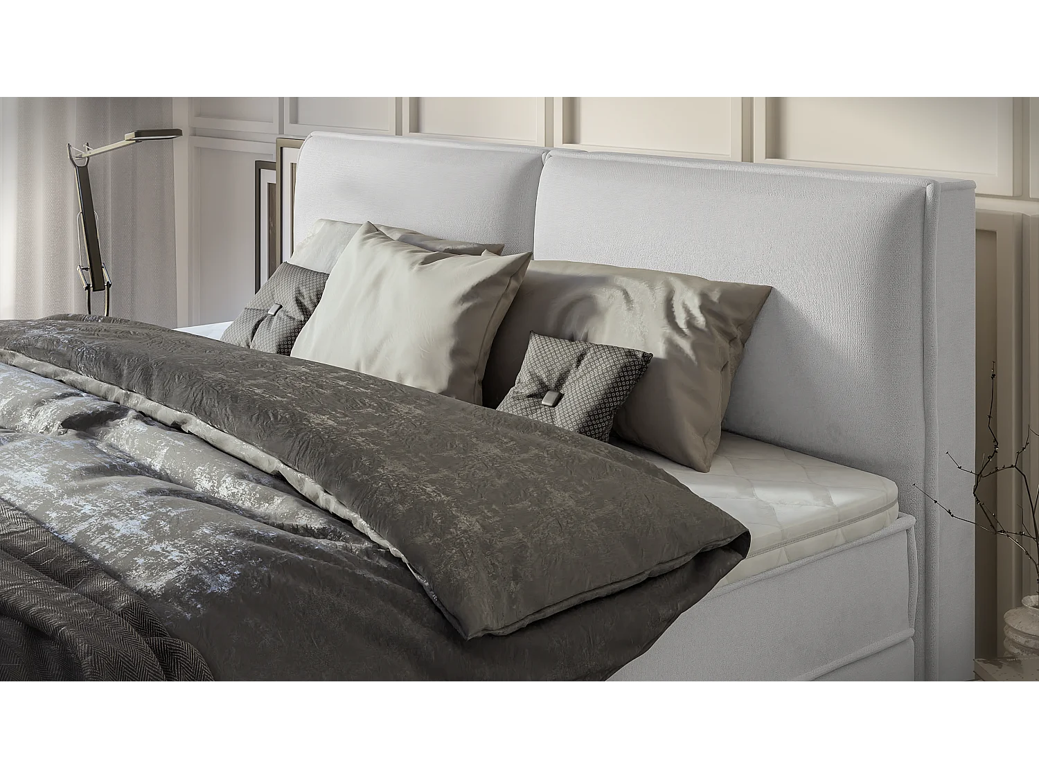 Dexter - Modernes Boxspringbett 200x200 mit Topper und Bettkästen aus Silber Luxusmicrofaser