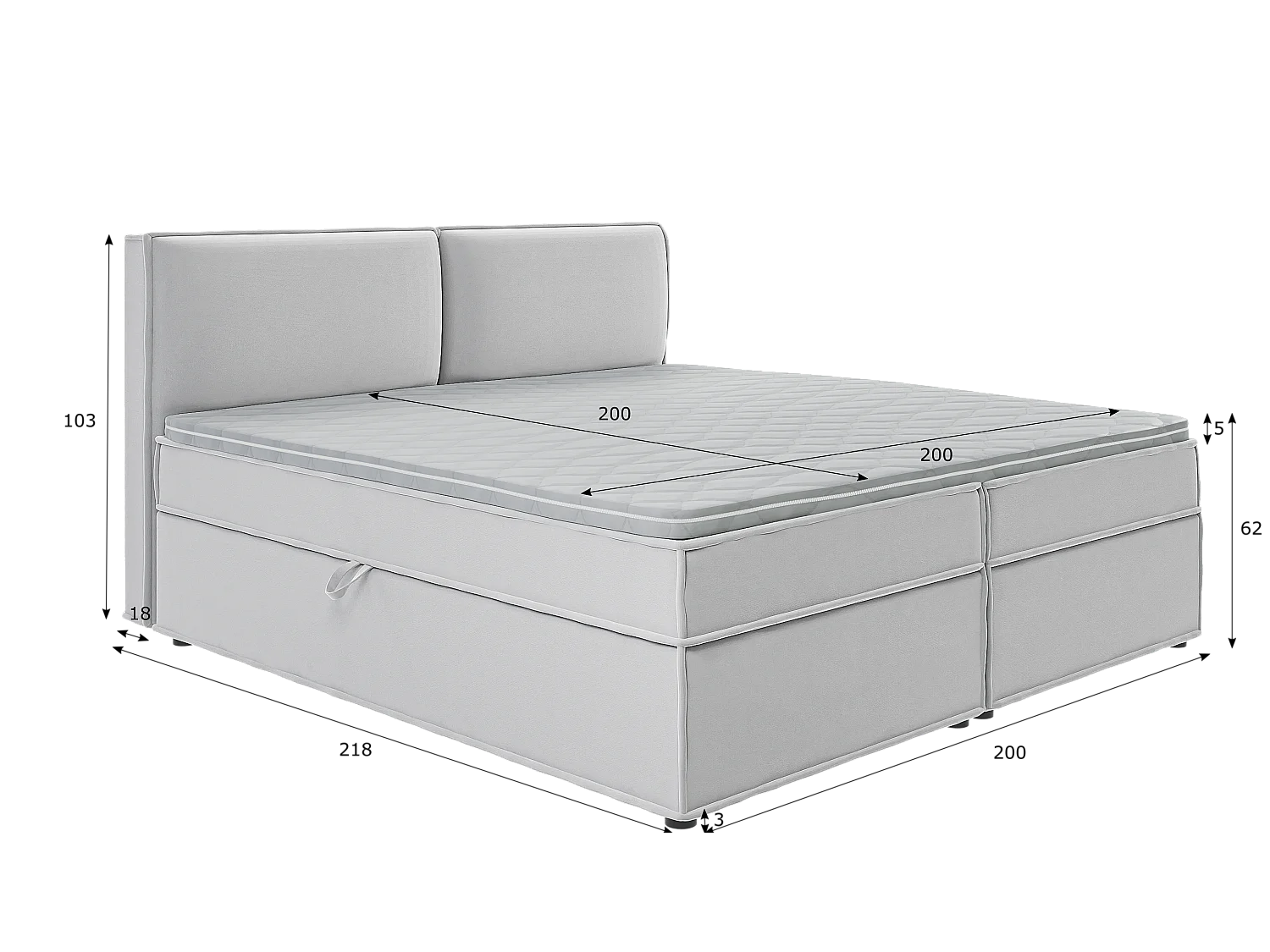 Dexter - Modernes Boxspringbett 200x200 mit Topper und Bettkästen aus Silber Luxusmicrofaser