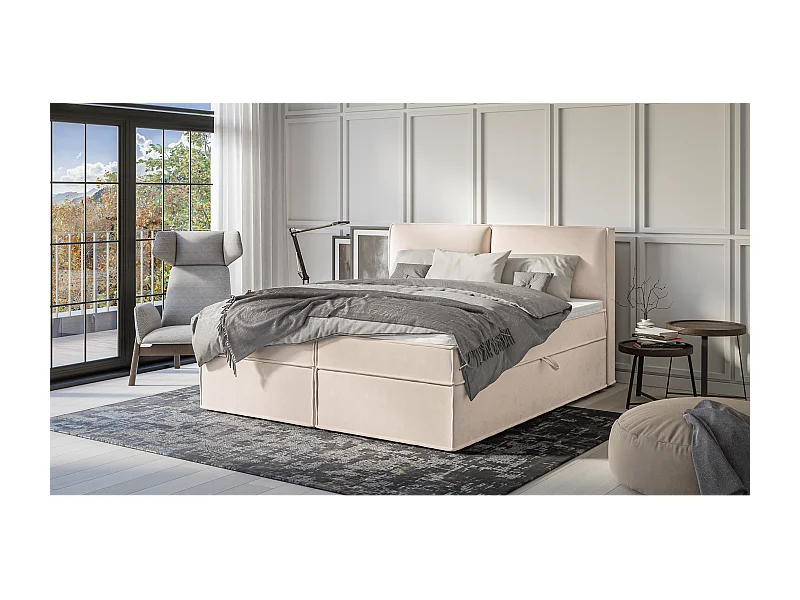 Dexter - Modernes Boxspringbett 180x200 mit Topper und Bettkästen aus Beige Luxusmicrofaser