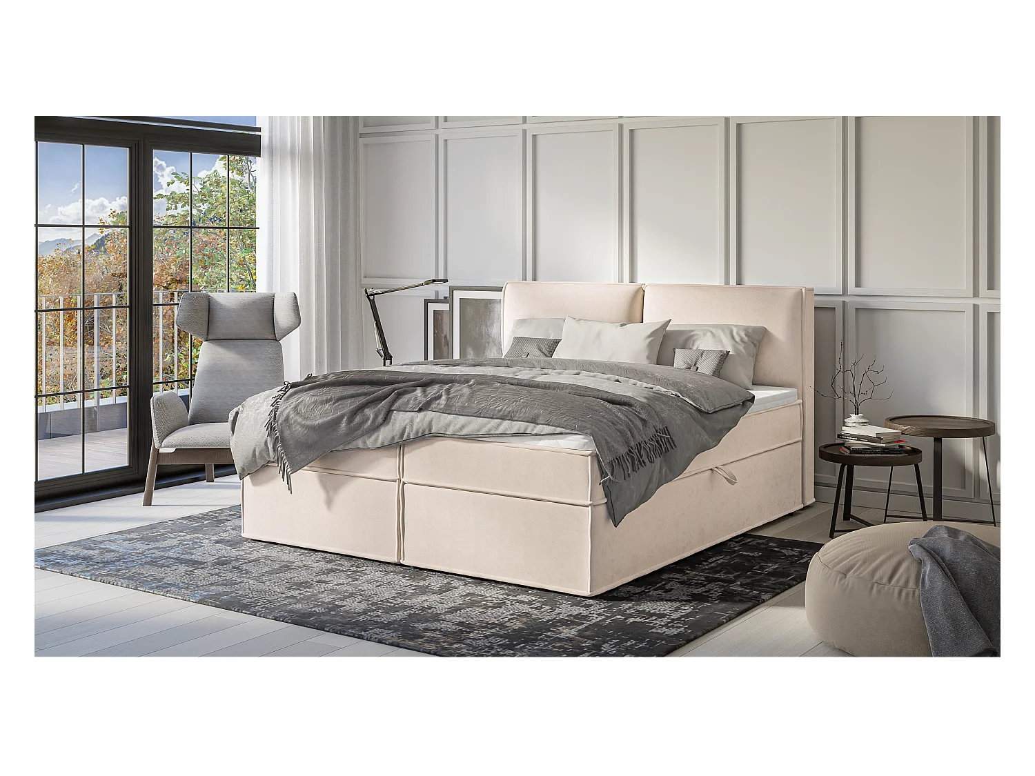 Dexter - Modernes Boxspringbett 180x200 mit Topper und Bettkästen aus Beige Luxusmicrofaser