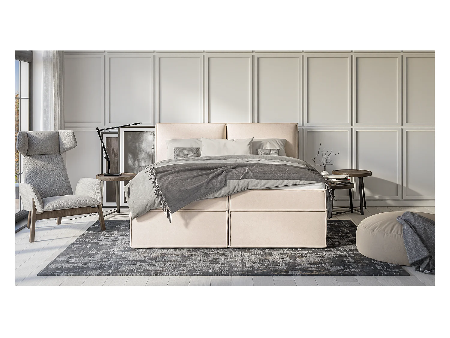 Dexter - Modernes Boxspringbett 180x200 mit Topper und Bettkästen aus Beige Luxusmicrofaser