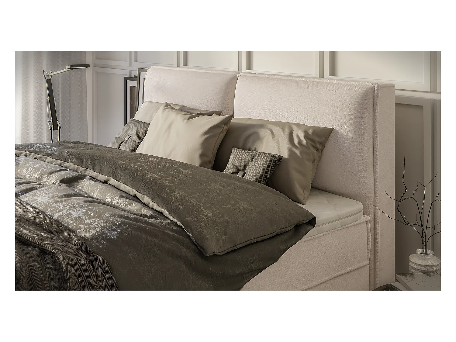 Dexter - Modernes Boxspringbett 180x200 mit Topper und Bettkästen aus Beige Luxusmicrofaser