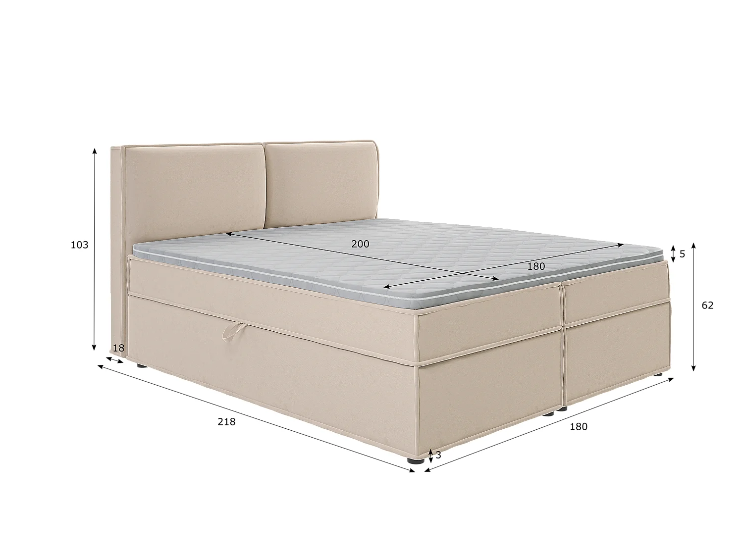 Dexter - Modernes Boxspringbett 180x200 mit Topper und Bettkästen aus Beige Luxusmicrofaser