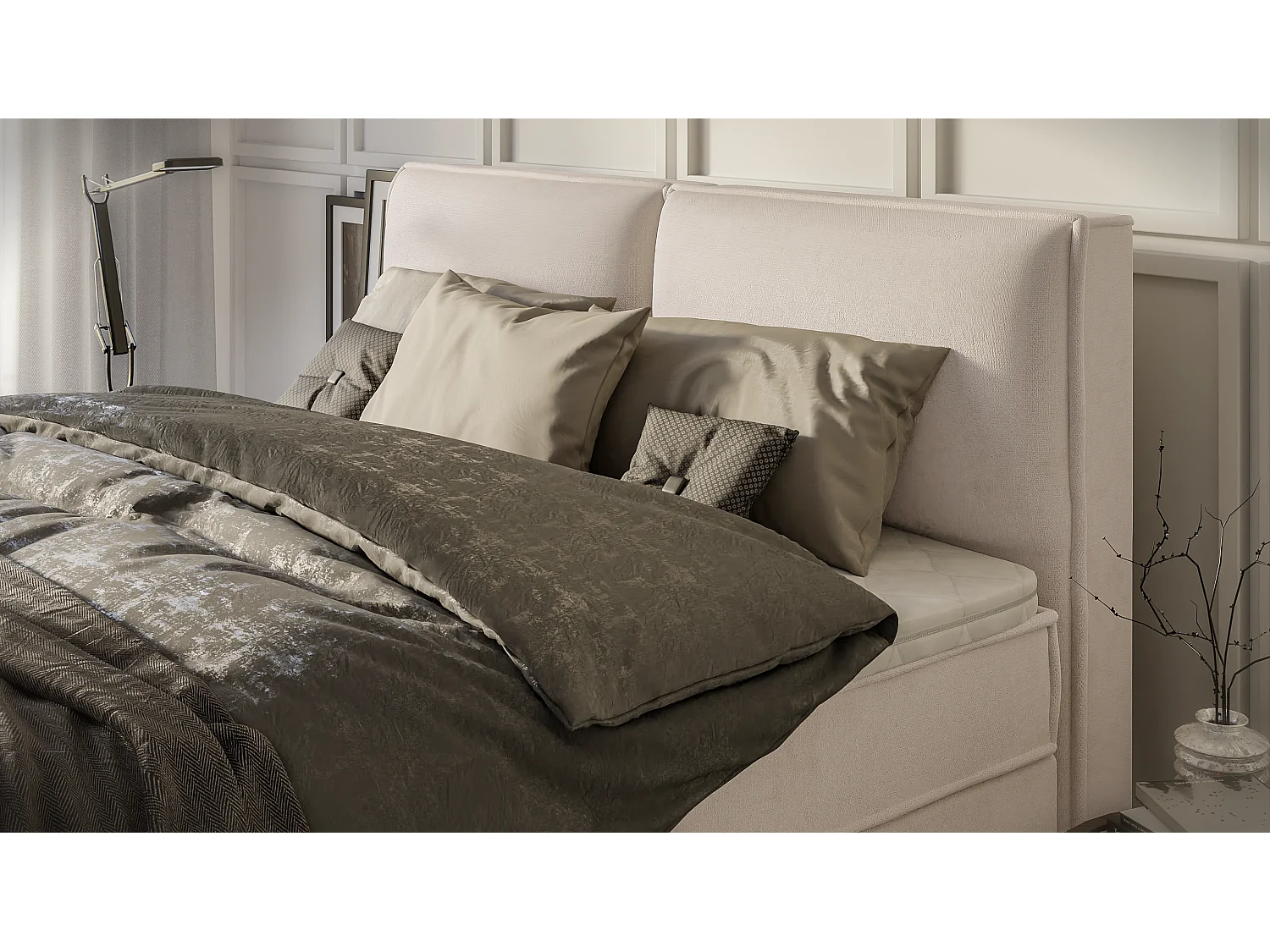 Dexter - Modernes Boxspringbett 180x200 mit Topper und Bettkästen aus Beige Luxusmicrofaser