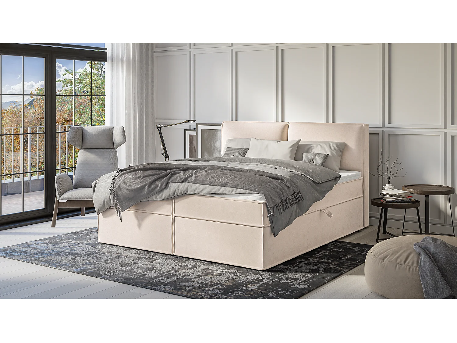 Dexter - Modernes Boxspringbett 180x200 mit Topper und Bettkästen aus Beige Luxusmicrofaser