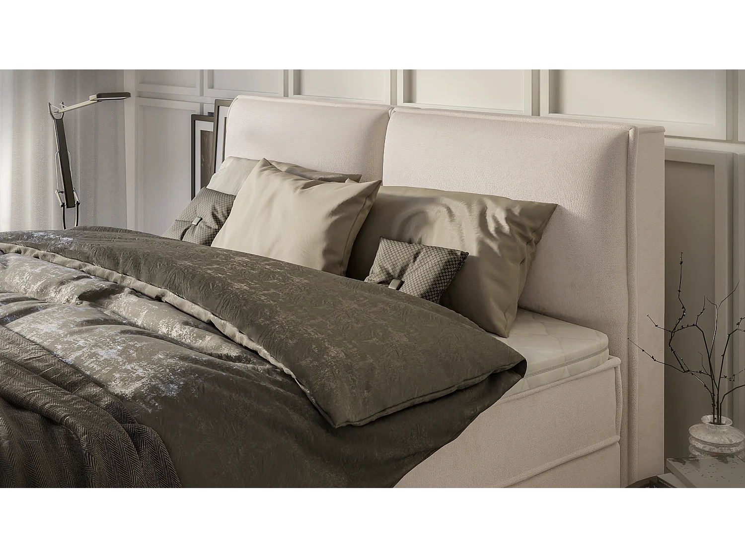 Dexter - Modernes Boxspringbett 180x200 mit Topper und Bettkästen aus Beige Luxusmicrofaser