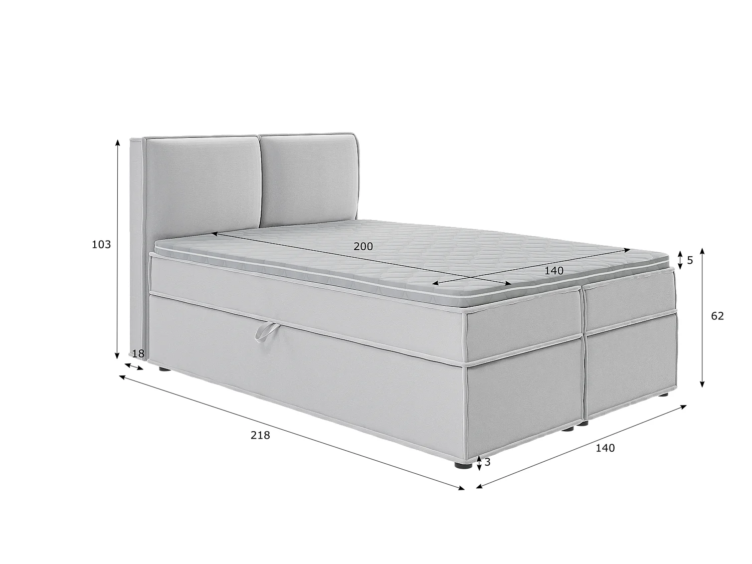 Dexter - Modernes Boxspringbett 140x200 mit Topper und Bettkästen aus Silber Luxusmicrofaser