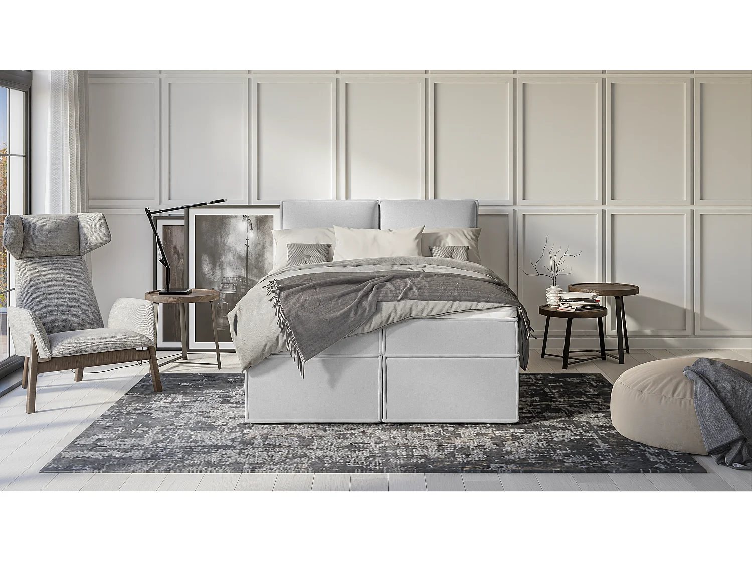 Dexter - Modernes Boxspringbett 140x200 mit Topper und Bettkästen aus Silber Luxusmicrofaser