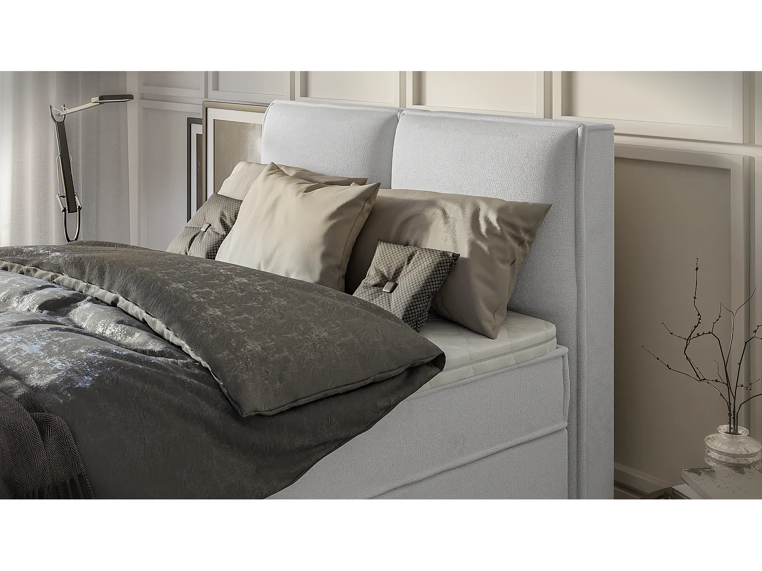 Dexter - Modernes Boxspringbett 140x200 mit Topper und Bettkästen aus Silber Luxusmicrofaser