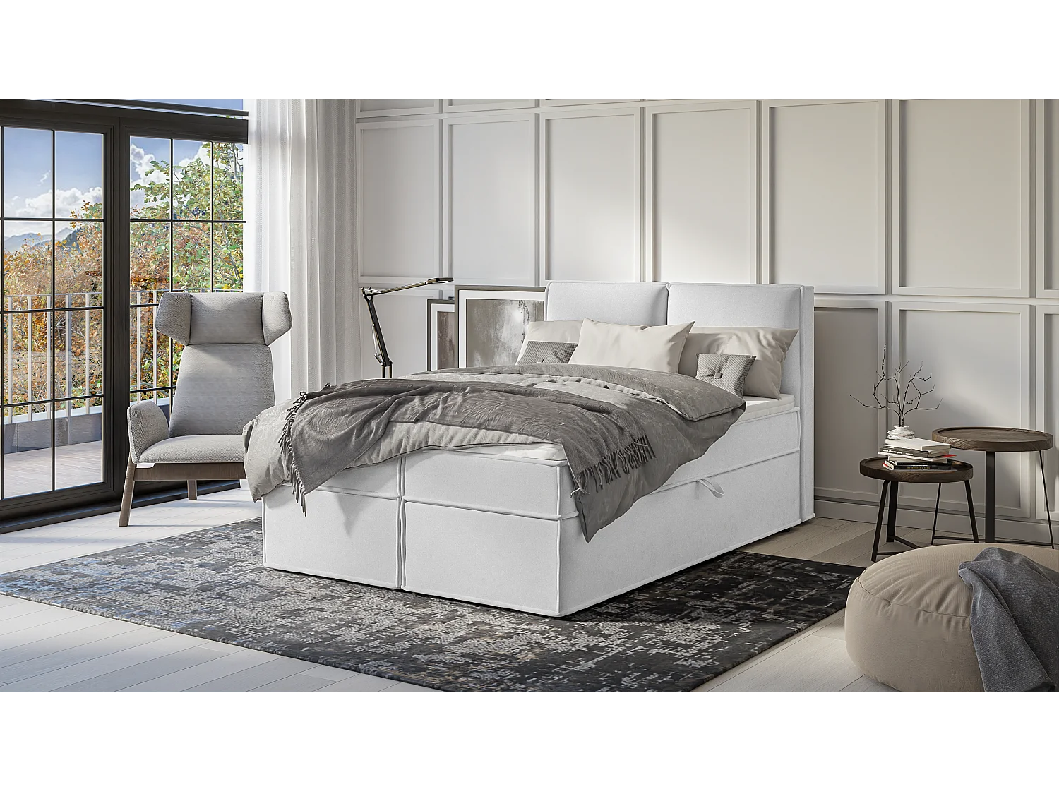 Dexter - Modernes Boxspringbett 140x200 mit Topper und Bettkästen aus Silber Luxusmicrofaser