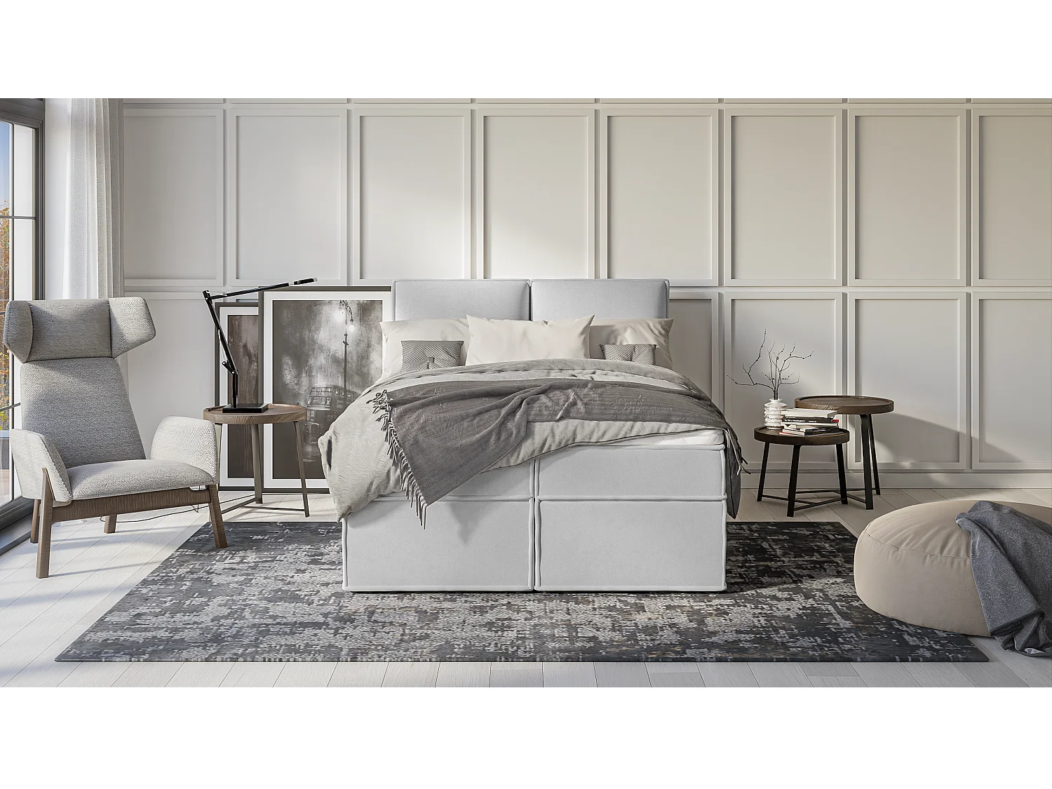 Dexter - Modernes Boxspringbett 140x200 mit Topper und Bettkästen aus Silber Luxusmicrofaser