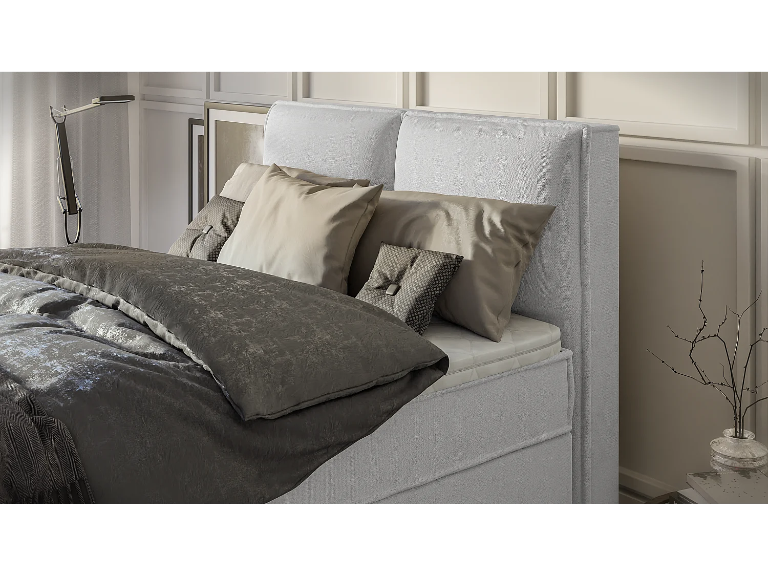 Dexter - Modernes Boxspringbett 140x200 mit Topper und Bettkästen aus Silber Luxusmicrofaser