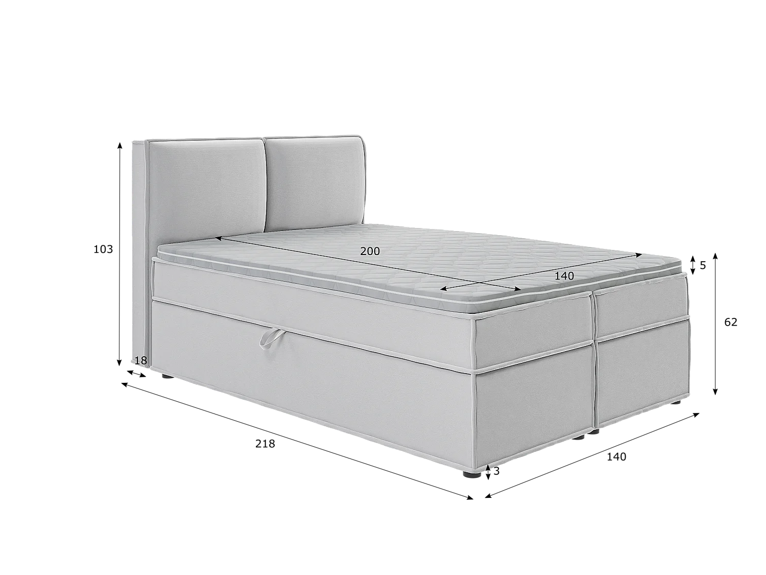 Dexter - Modernes Boxspringbett 140x200 mit Topper und Bettkästen aus Silber Luxusmicrofaser