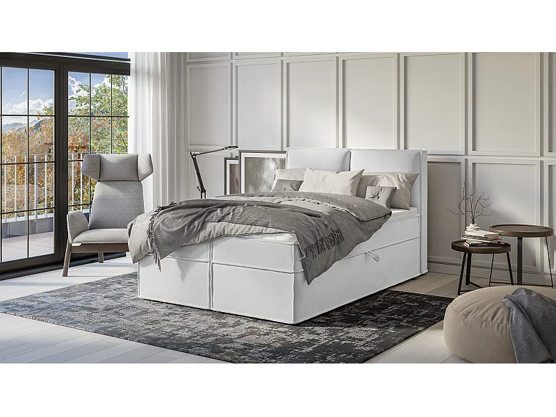 Dexter - Modernes Boxspringbett 140x200 mit Topper und Bettkästen aus Silber Luxusmicrofaser