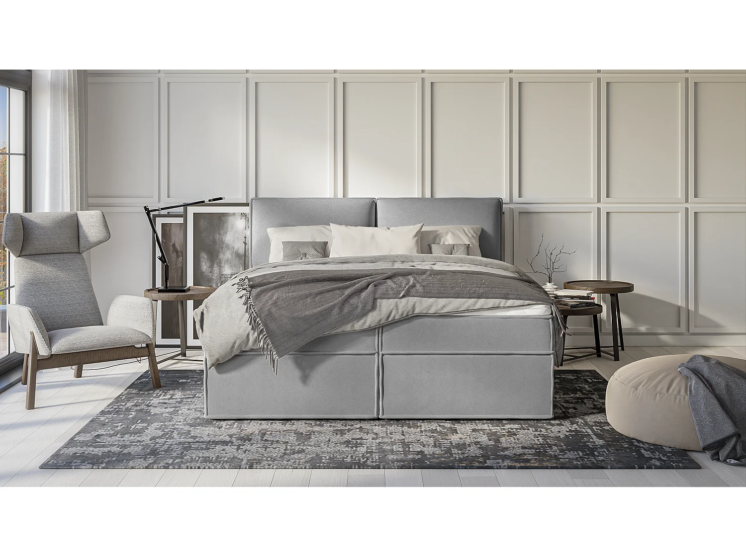 Dexter - Modernes Boxspringbett 180x200 mit Topper und Bettkästen aus Grau Luxusmicrofaser