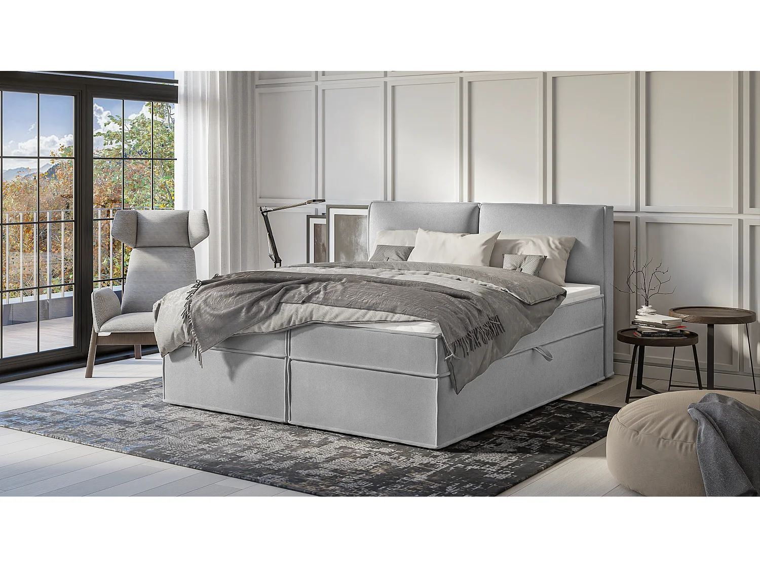 Dexter - Modernes Boxspringbett 180x200 mit Topper und Bettkästen aus Grau Luxusmicrofaser