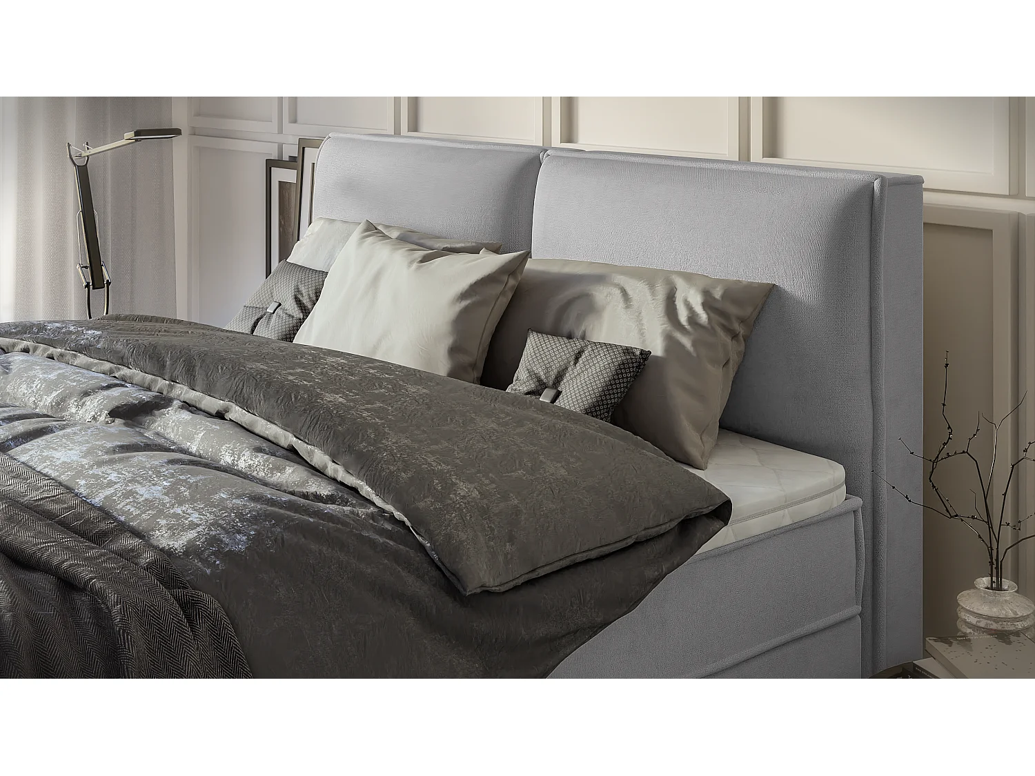 Dexter - Modernes Boxspringbett 180x200 mit Topper und Bettkästen aus Grau Luxusmicrofaser