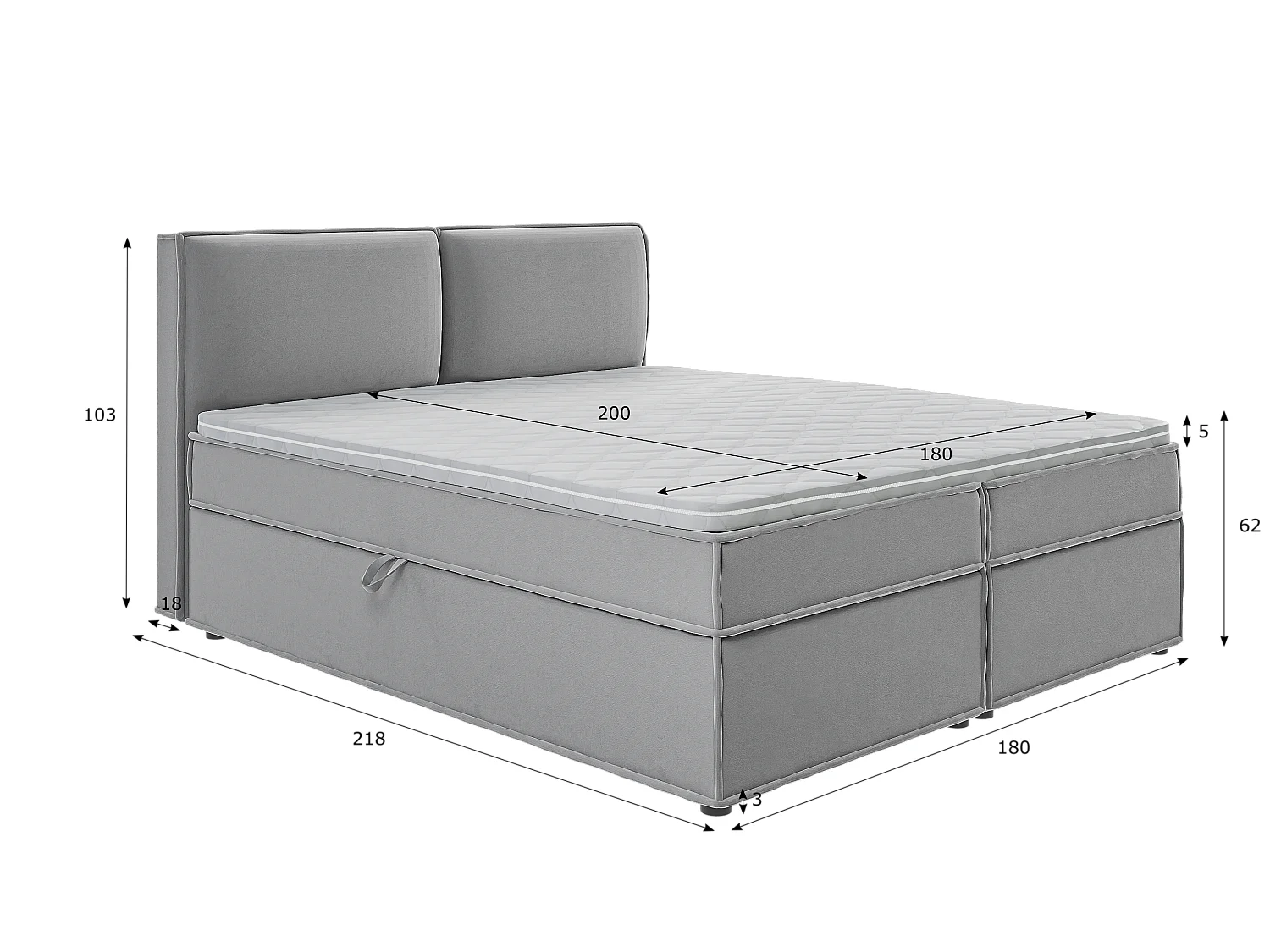 Dexter - Modernes Boxspringbett 180x200 mit Topper und Bettkästen aus Grau Luxusmicrofaser
