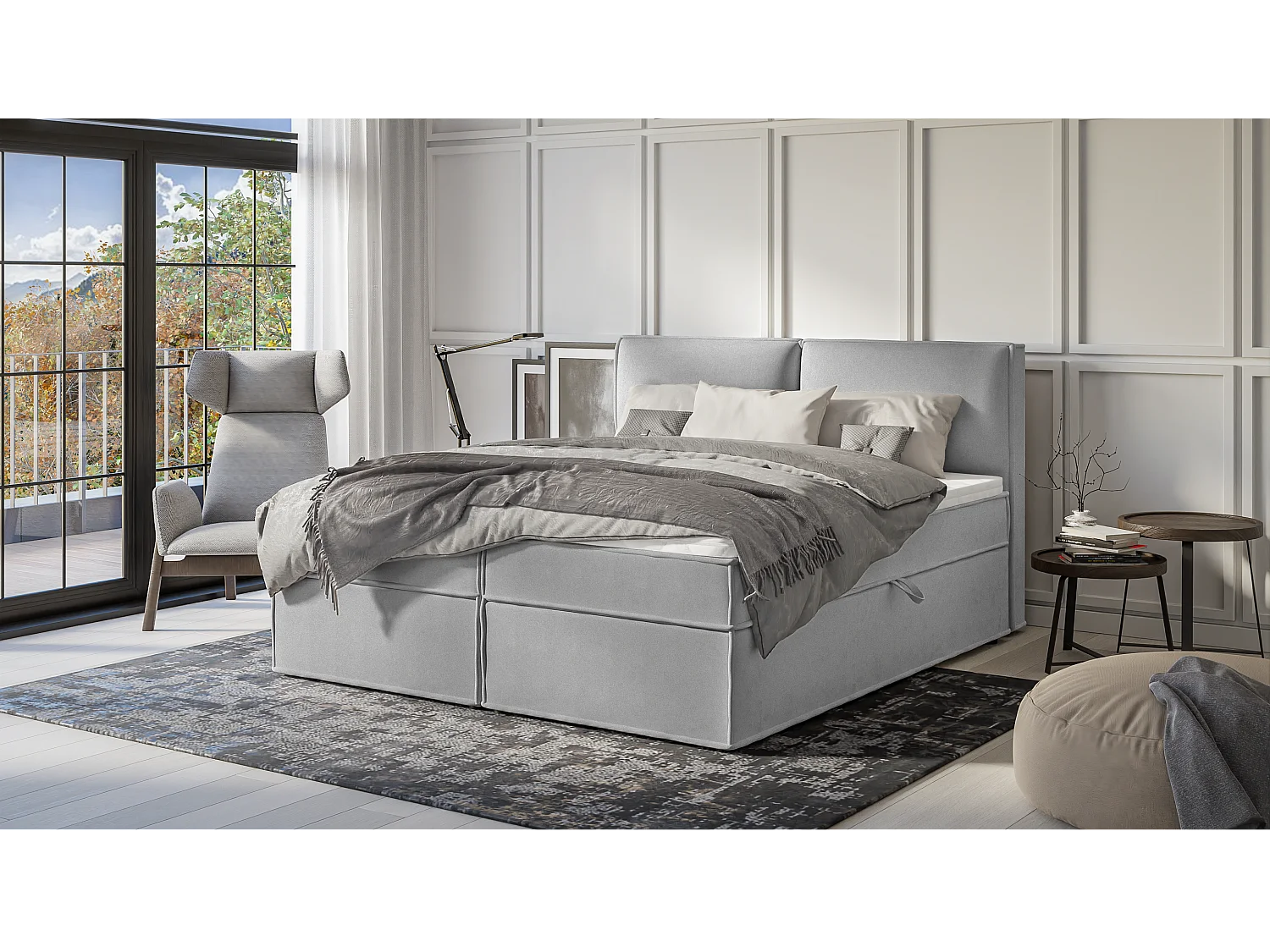 Dexter - Modernes Boxspringbett 180x200 mit Topper und Bettkästen aus Grau Luxusmicrofaser