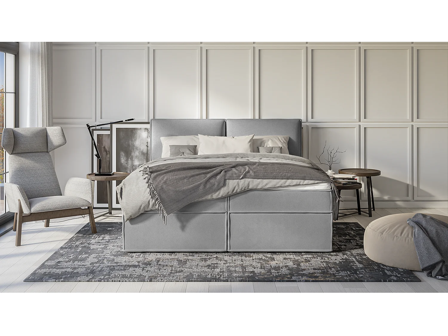 Dexter - Modernes Boxspringbett 180x200 mit Topper und Bettkästen aus Grau Luxusmicrofaser