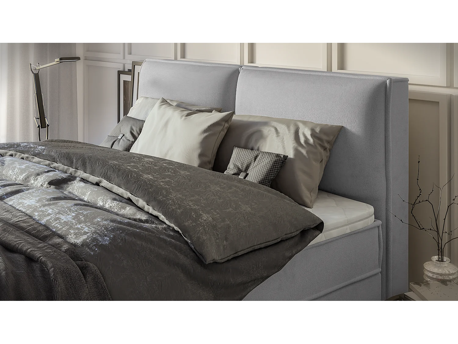 Dexter - Modernes Boxspringbett 180x200 mit Topper und Bettkästen aus Grau Luxusmicrofaser