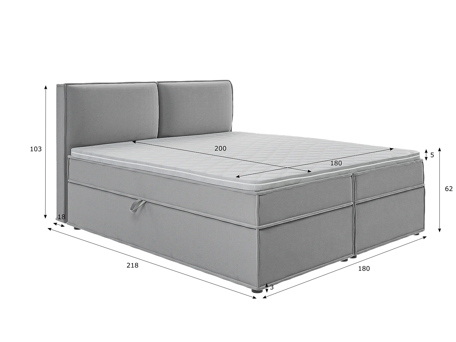 Dexter - Modernes Boxspringbett 180x200 mit Topper und Bettkästen aus Grau Luxusmicrofaser