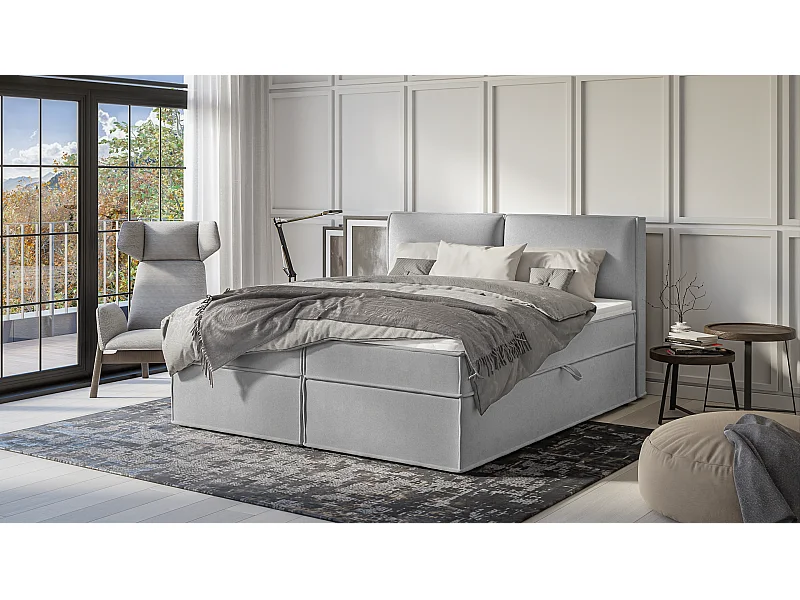 Dexter - Modernes Boxspringbett 180x200 mit Topper und Bettkästen aus Grau Luxusmicrofaser