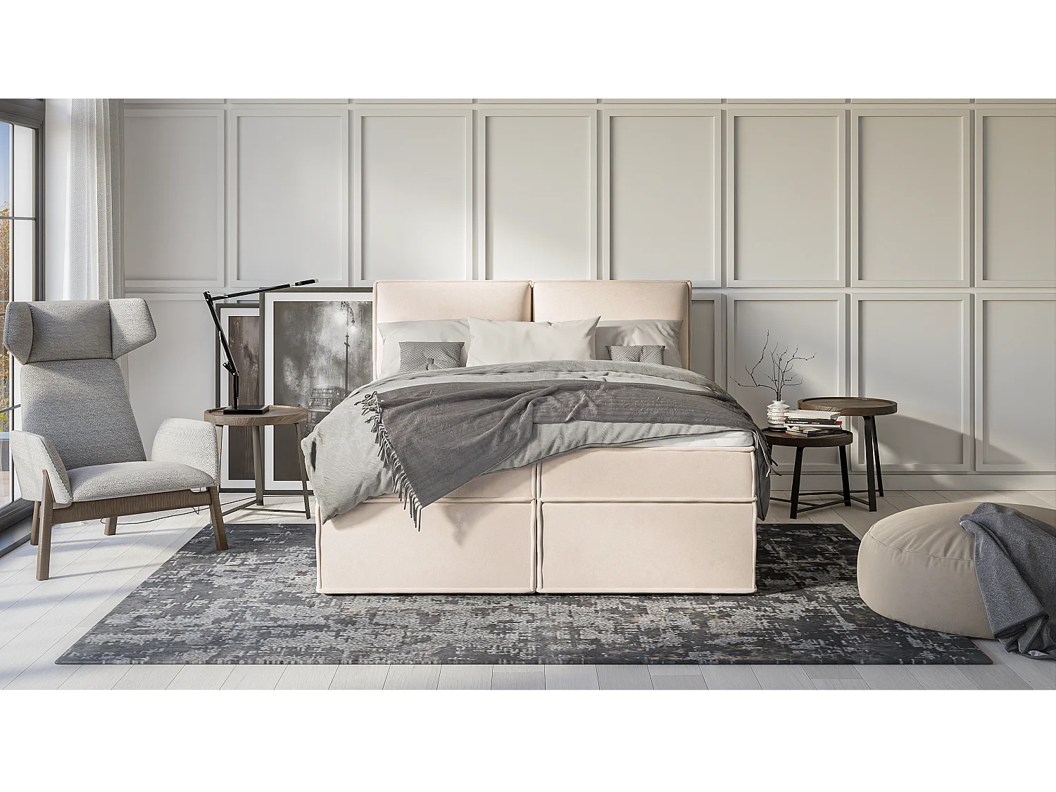 Dexter - Modernes Boxspringbett 160x200 mit Topper und Bettkästen aus Beige Luxusmicrofaser