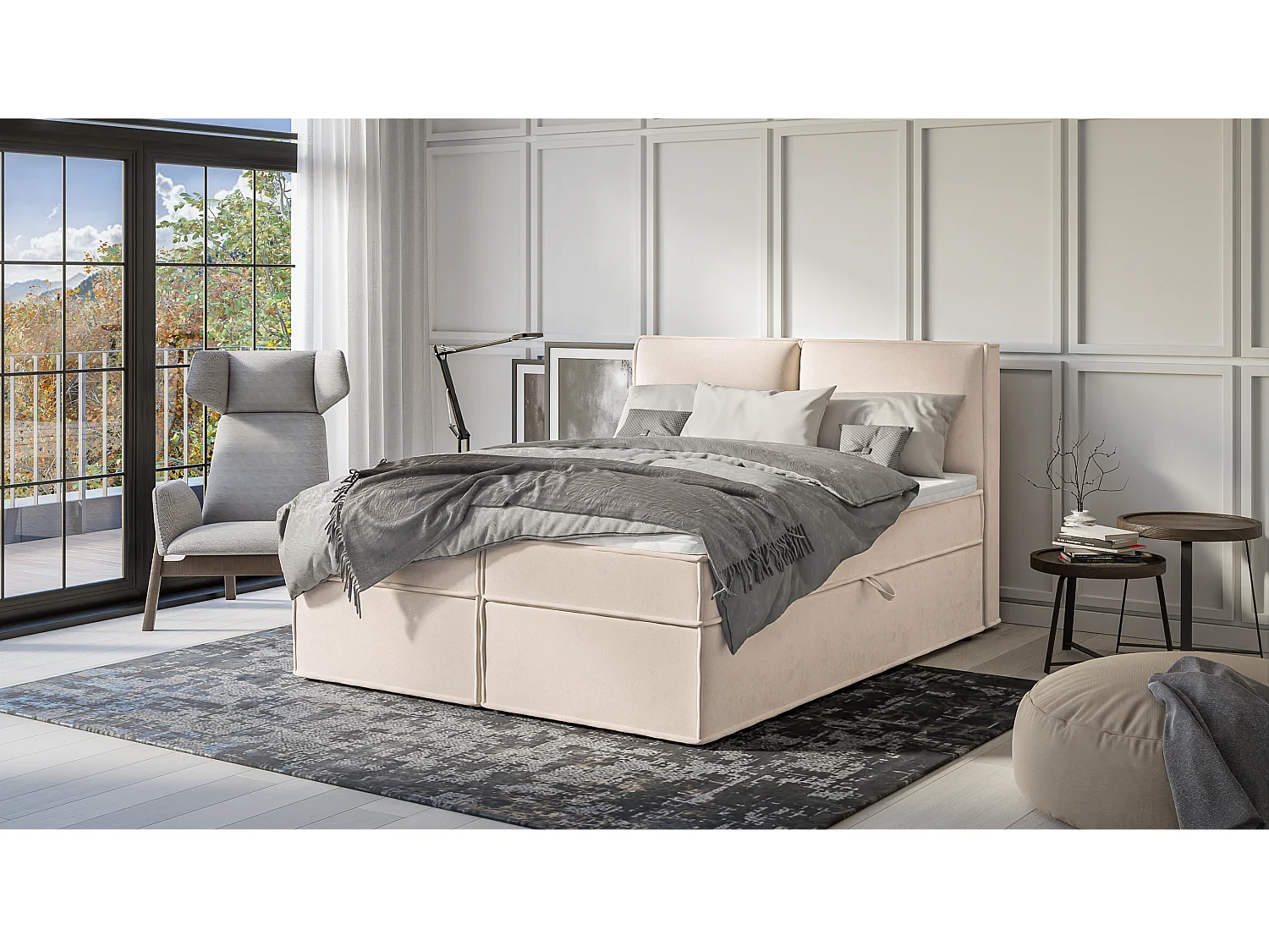 Dexter - Modernes Boxspringbett 160x200 mit Topper und Bettkästen aus Beige Luxusmicrofaser