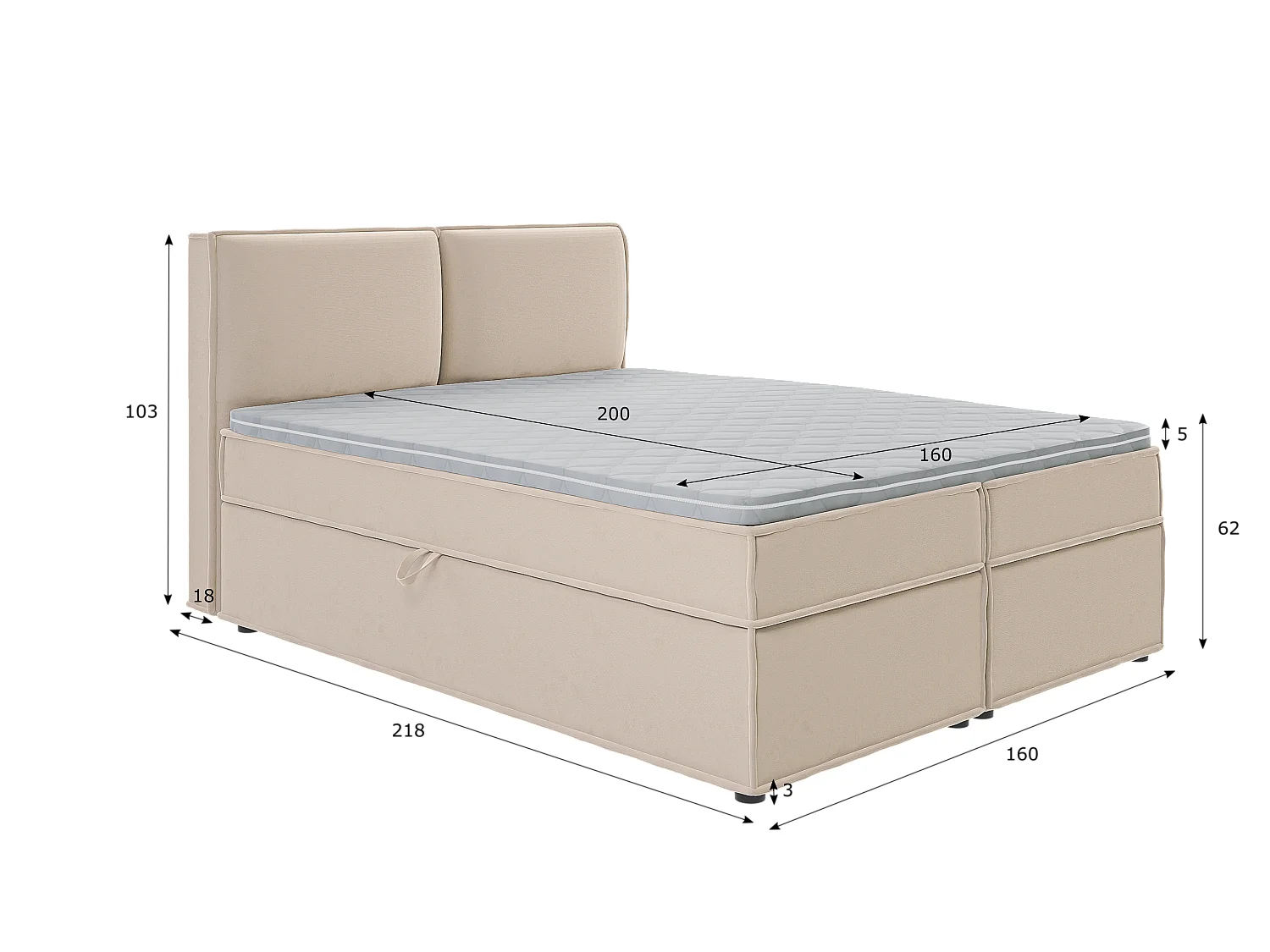 Dexter - Modernes Boxspringbett 160x200 mit Topper und Bettkästen aus Beige Luxusmicrofaser